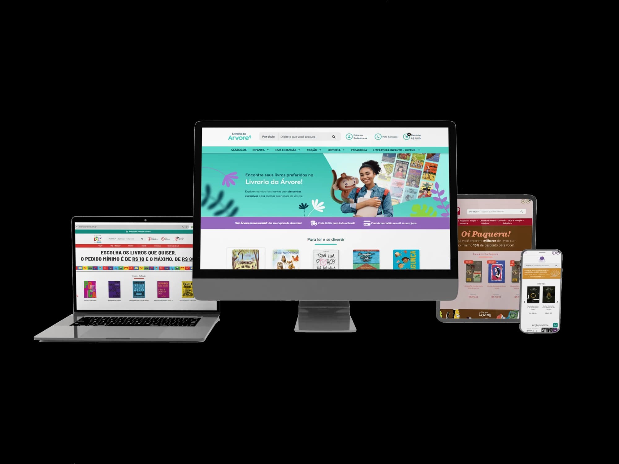 Lojas virtuais de livros desenvolvidas pela Konekta em computador, notebook, tablet e celular