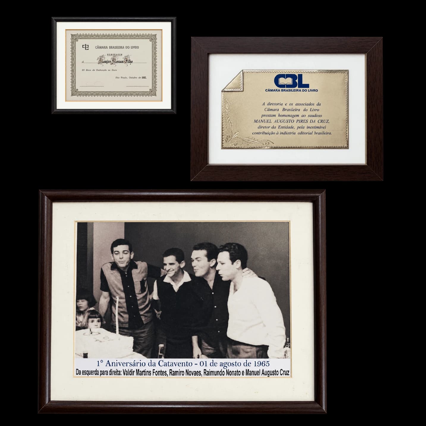Homenagens da Câmara Brasileira do Livro e fotografia dos quatro fundadores no primeiro aniversário da Catavento, em 1965