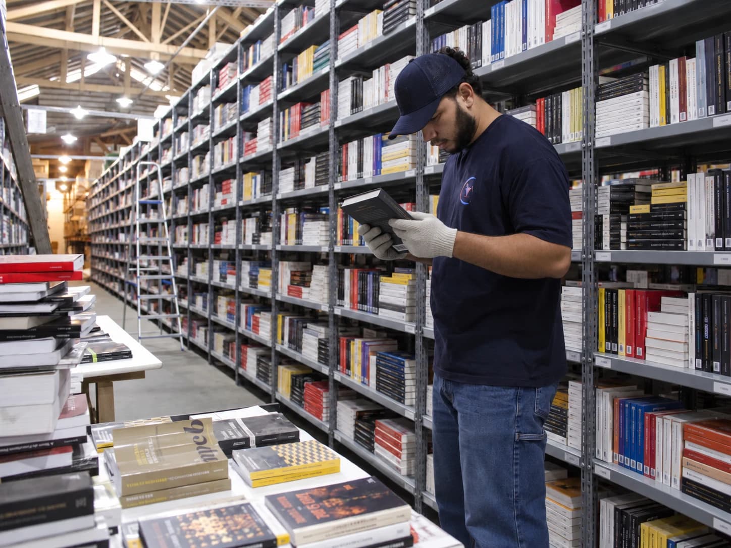 Trabalhador inspecionando um livro no depósito da Catavento