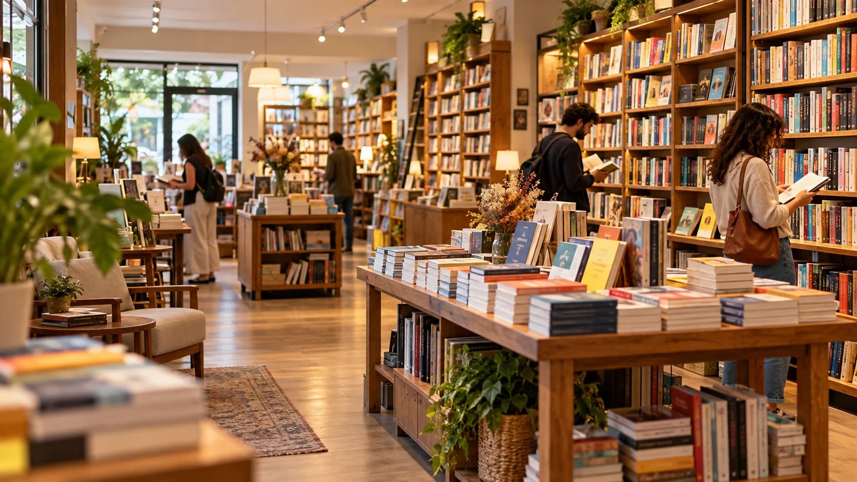 Leitores entre estantes e mesas de livros em uma livraria acolhedora