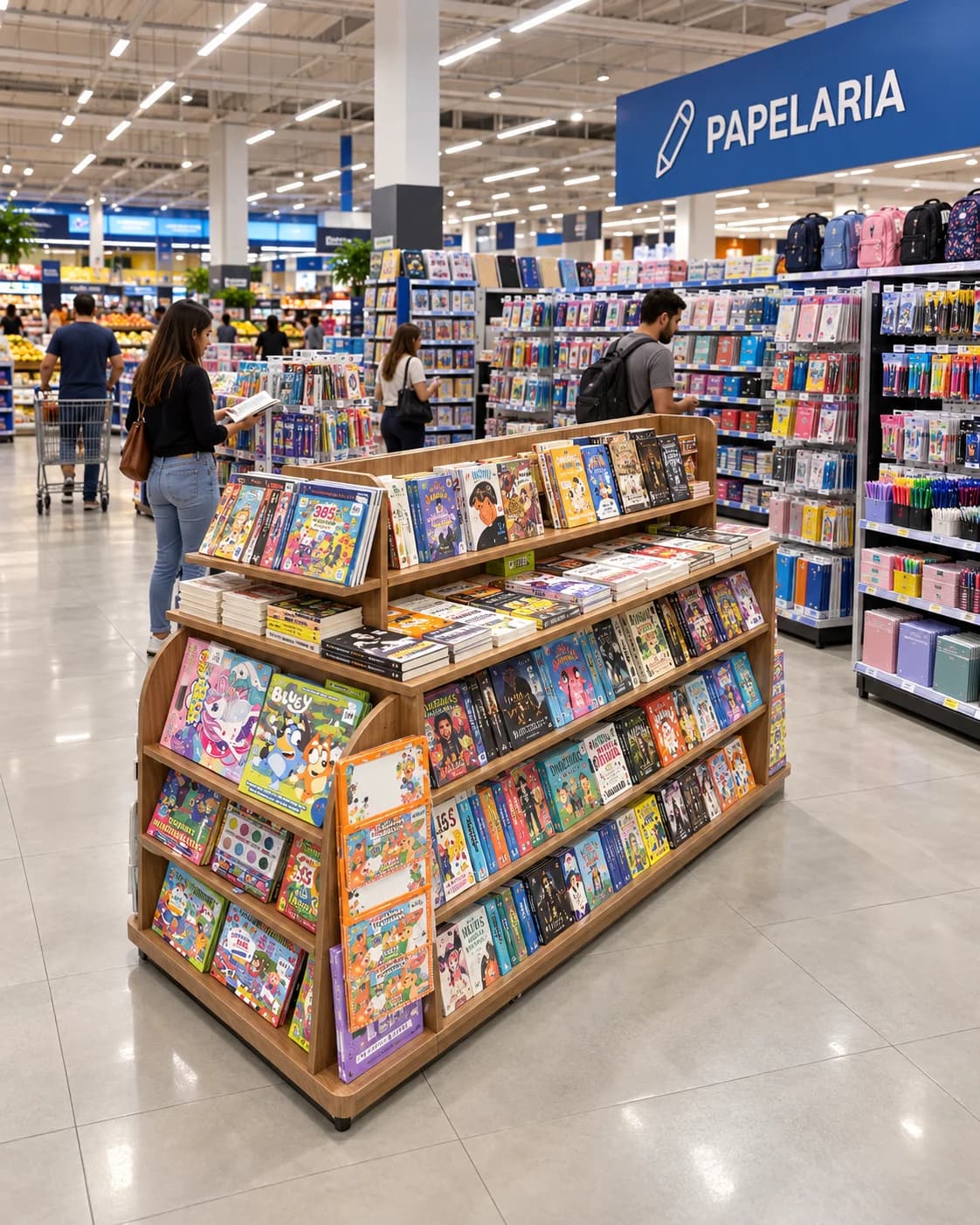 Mesa de livros na área de papelaria de uma grande rede varejista