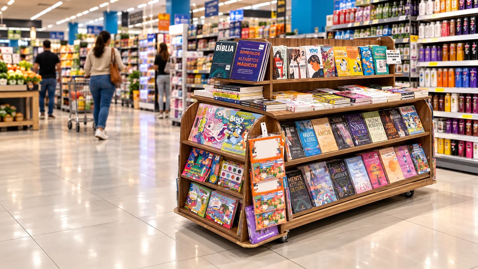 Expositor de livros em um supermercado moderno