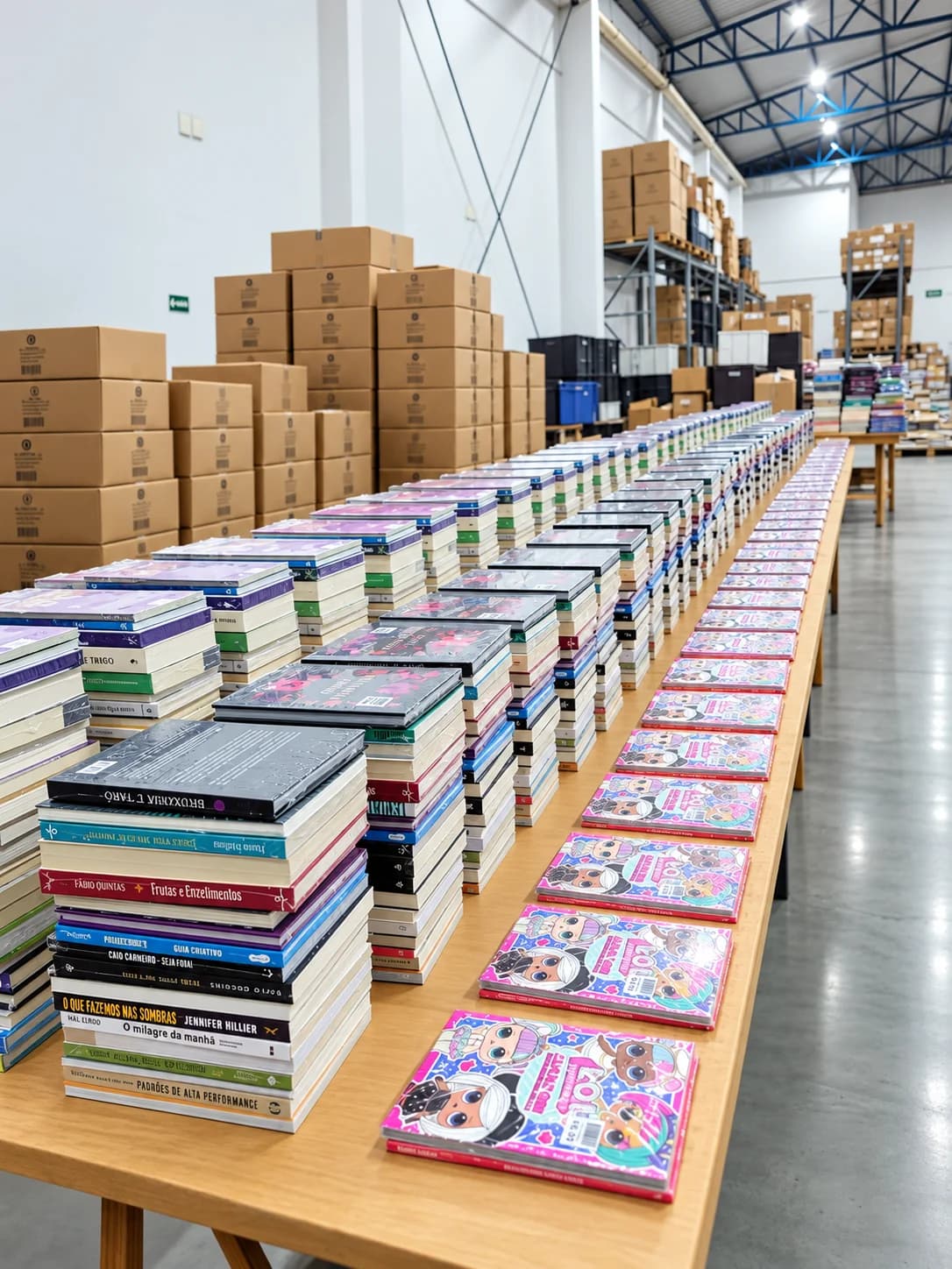 Livros organizados para distribuição no centro logístico da Catavento