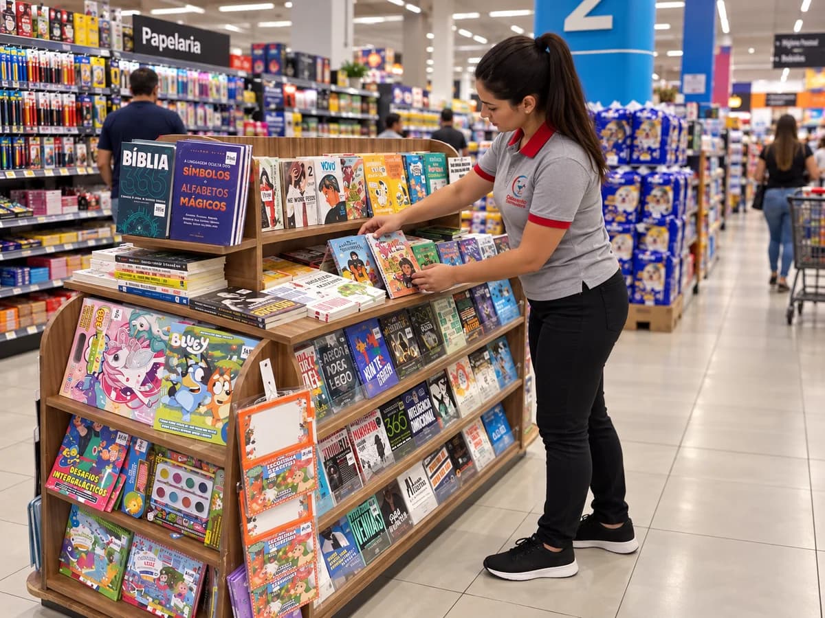 Promotora Catavento organizando os livros no ponto de venda