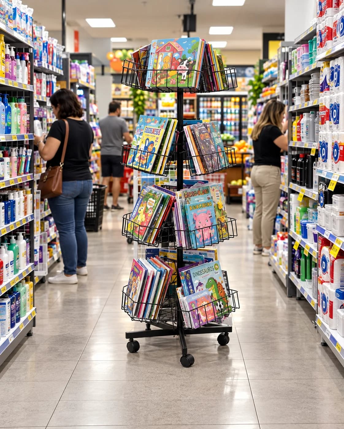 Expositor giratório de livros em um supermercado local