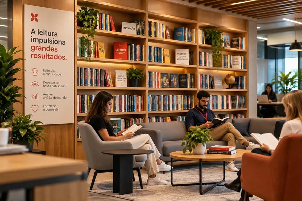 Colaboradores lendo em lounge corporativo com estantes de livros