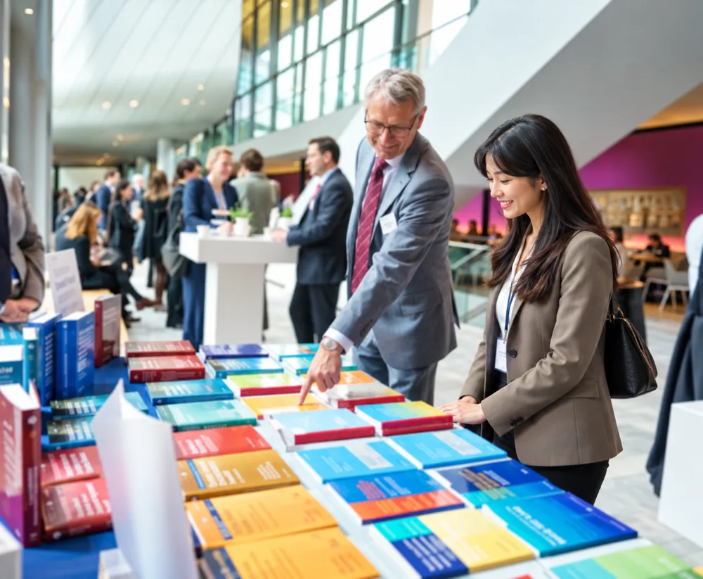 Participantes conhecendo livros em um evento corporativo