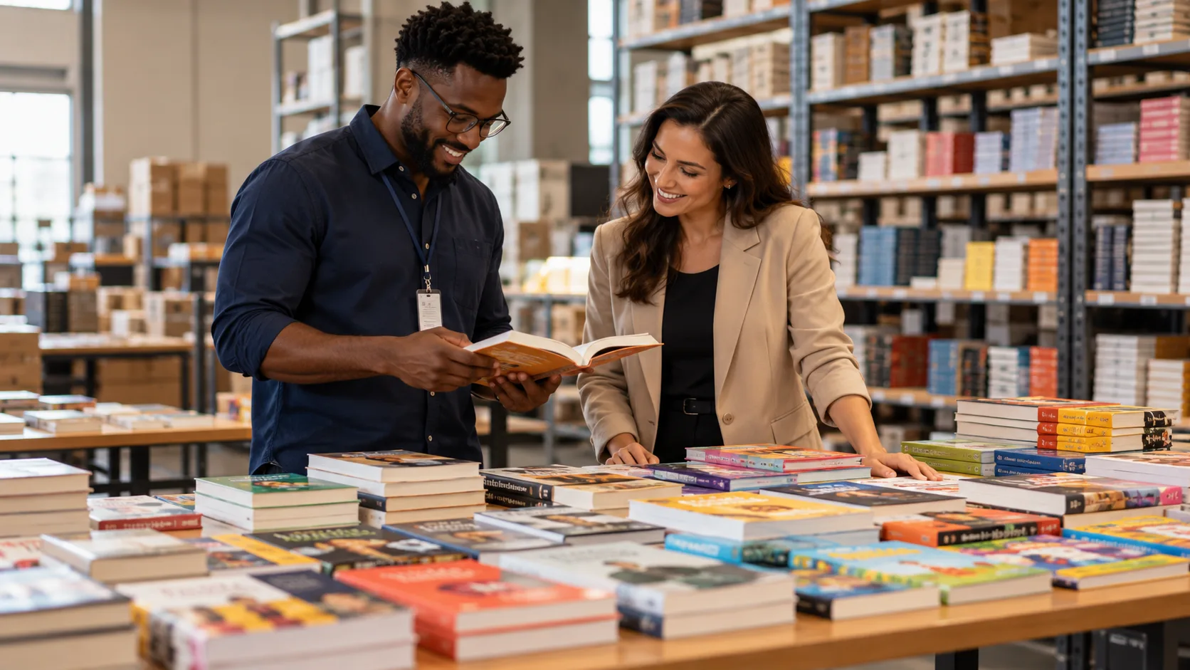 Profissionais selecionando livros para uma compra corporativa no armazém da Catavento