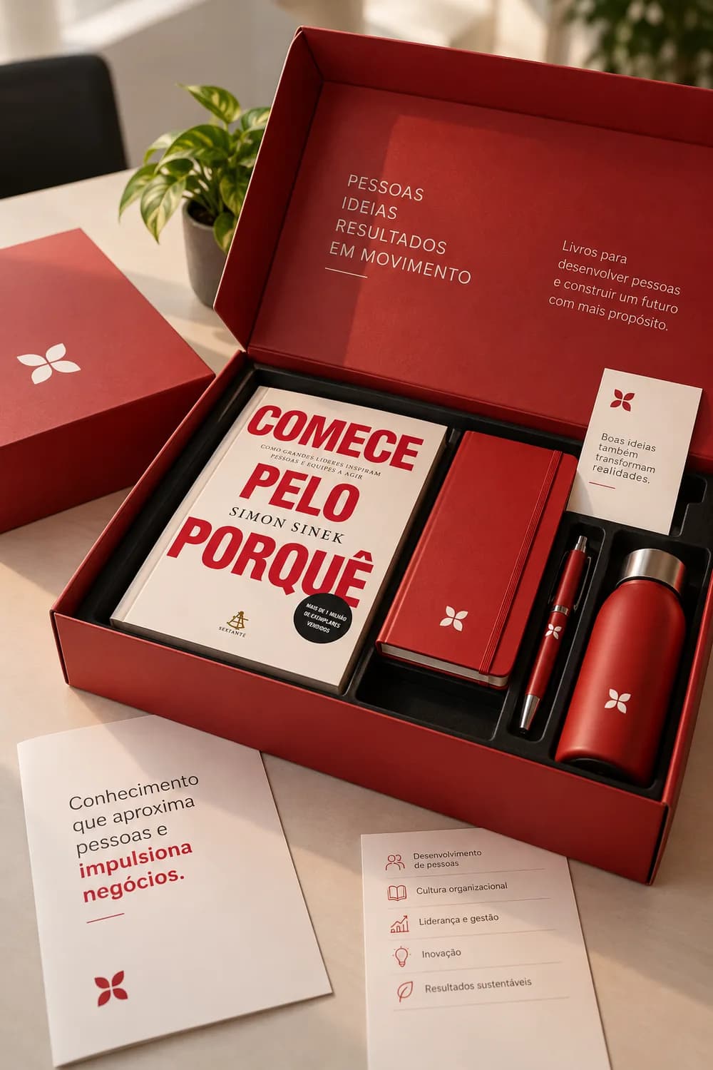Kit corporativo personalizado com livro, caderno e outros presentes