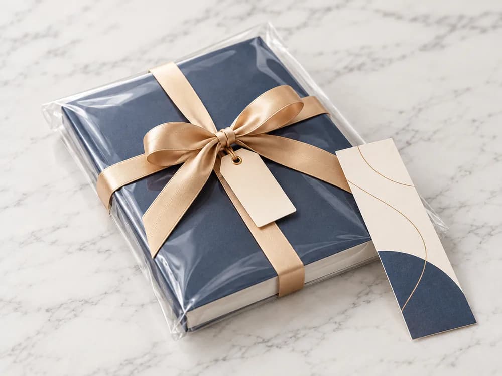 Livro embalado para presente com laço dourado e cartão